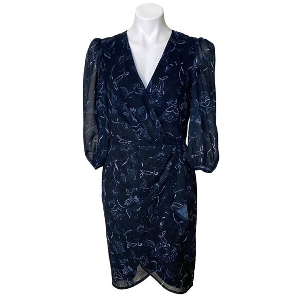 Halogen Navy Floral Wrap Dress, Sheer Puff Sleeves & Tulip Hem Women's Size M - Picture 2 of 10
